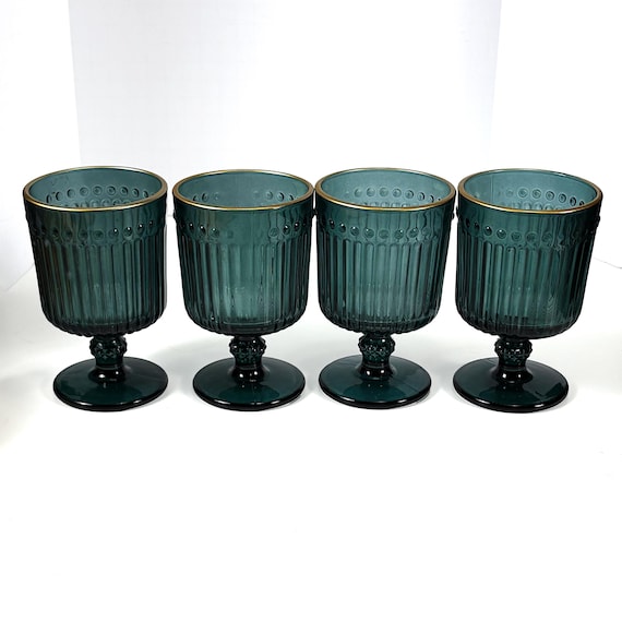 Set of 4 Gold Rimmed Dark Teal Stemmed Water/Bar Glasses, Vintage 1970s