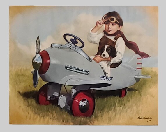 Little Boy & Dog in 1941 Steelcraft Pursuit Plane Print, 20x16, David Lindsley 2003