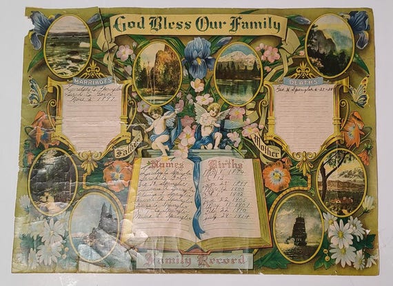 Antique SPANGLER Geneology God Bless Our FAMILY RECORD Lithograph Print, 1920s