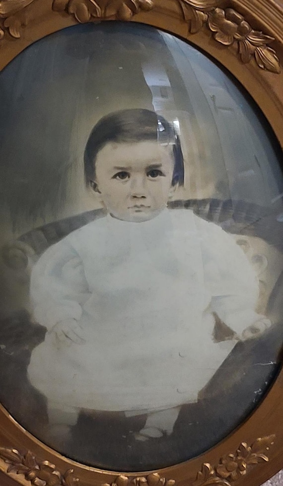 Antique 1910s Gold Convex Glass Framed Baby Photo