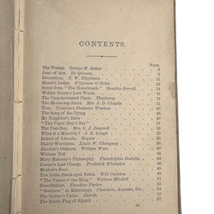May include: Open book page featuring a table of contents titled "CONTENTS." The page is aged with visible wear and tear. The text lists various literary works with author names and page numbers, including "The Tramp" and "The Little Black-eyed Rebel."