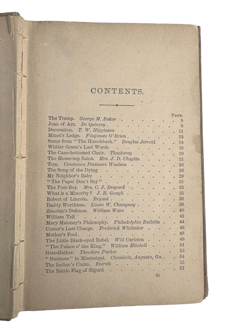 May include: Open book page featuring a table of contents titled "CONTENTS." The page is aged with visible wear and tear. The text lists various literary works with author names and page numbers, including "The Tramp" and "The Little Black-eyed Rebel."