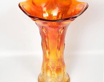 Antique Imperial Beaded Bullseye Carnival Glass Vase, 8.5" Iridescent Marigold