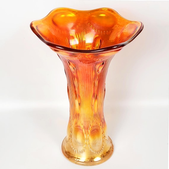 Antique Imperial Beaded Bullseye Carnival Glass Vase, 8.5" Iridescent Marigold