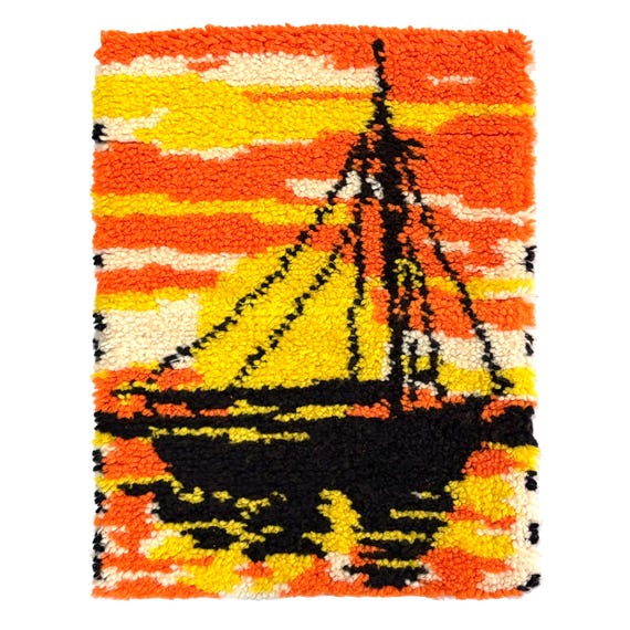 1970s Sailboat at Sunset Latch Hook Rug/Wall Hanging, 18x24"