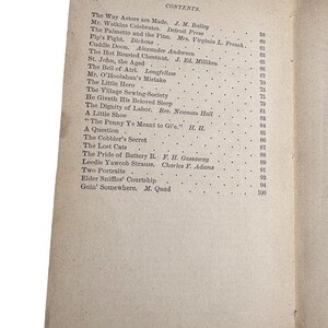May include: Open book page featuring a table of contents with titles and author names. The text is in black ink on aged, off-white paper. The title "CONTENTS" is at the top, with page numbers on the right. The book appears to be vintage.