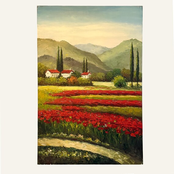 Vintage Tuscan Landscape with Poppies Painting, 24x36" Relined