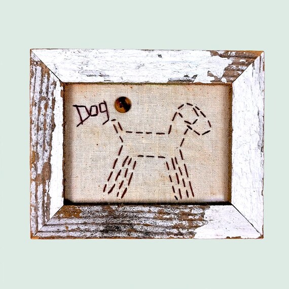 Framed DOG Folk Art Embroidered Linen Block by Squirrel Hill