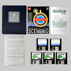 May include: A collection of vintage computer software, including a black box with the text "Arts & Letters", a manual titled "Jurassic Art", and several 3.5-inch floppy disks. The disks feature the "Arts & Letters" logo and dinosaur graphics, along with the "InstantArt!" logo.