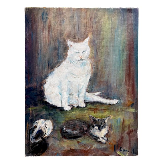 Two Cats and Shoes by Donna II, Vintage Expressionist Painting