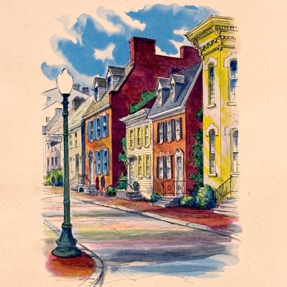 Vintage Johnstone Quinan "West Street, Georgetown" Watercolor Print