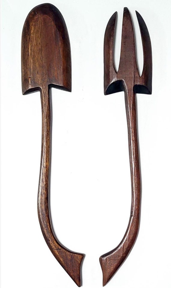 Vintage MCM Large Carved Wood Wall Hanging Fork Spoon 20" Filipino Tiki Exotica