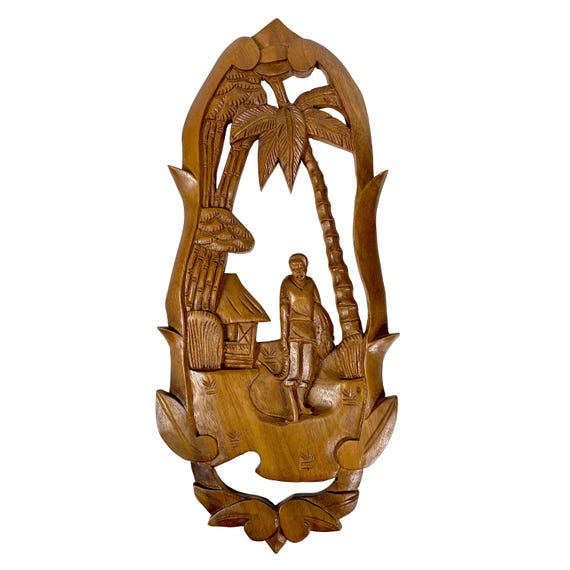 Mid-Century Polynesian Village Carved Wooden Wall Hanging
