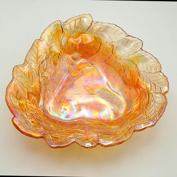Vintage Mid-Century Iridescent Amber Carnival Glass Bowl, Raspberry Indiana Glass