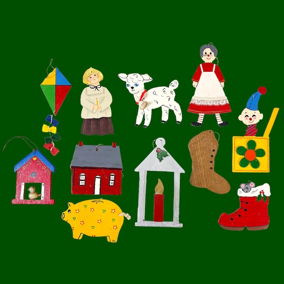 12 Vintage 1970s Hand Painted Flat Wooden Ornaments