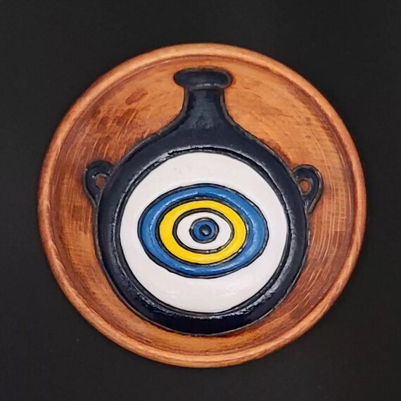 Vintage 1970s Turkish Nazar EVIL EYE Carved Wooden Plaque, Protection Talisman