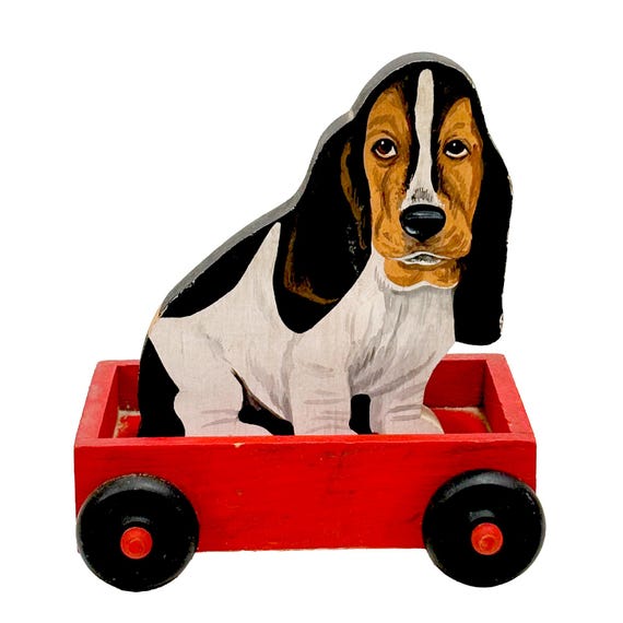 Bassett Hound in Wagon Vintage Handmade Wooden Toy