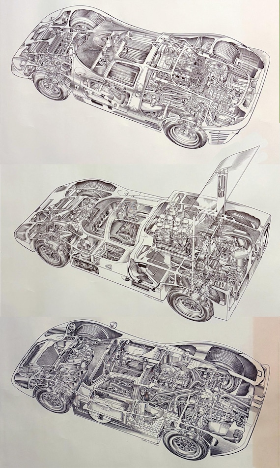 1967 Shell Chaparral 2F, Ferrari P4 & Ford GT40 Mk IV Cutaway Prints by James Allington
