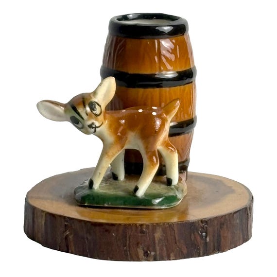 Vintage Bradley Bone China Fawn Toothpick Holder on Redwood