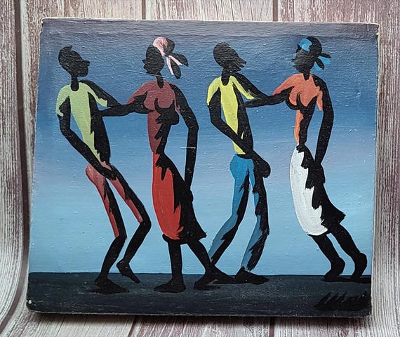 Small Vintage Caribbean Street Dance Folk Art Painting