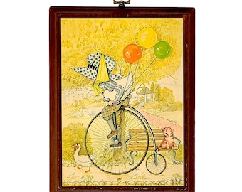 1970s Holly Hobbie LITTLE IVY Penny Farthing Wall Plaque / Wood Mounted Print