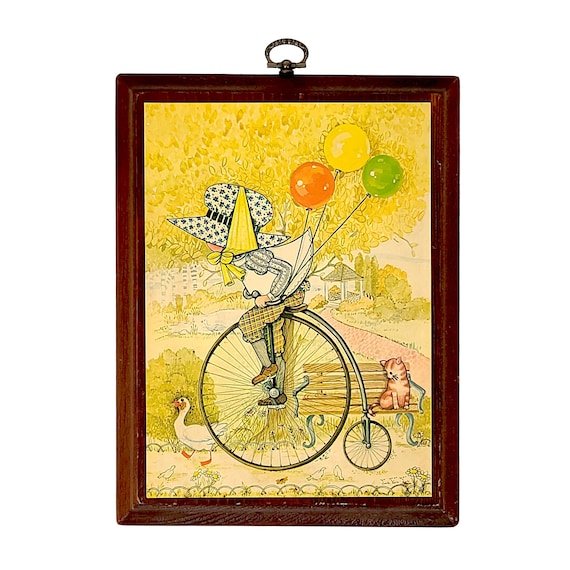 1970s Holly Hobbie LITTLE IVY Penny Farthing Wall Plaque / Wood Mounted Print