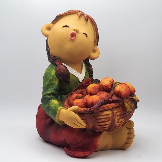Vintage YT Koreart Young Girl with Basket of Peaches Statuette, Rare 8.5" Korean Figurine