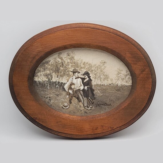 T HOLMES SHOOK Small Oval Framed Oil Painting, 9.5x7.5" Grayscale Fine Art