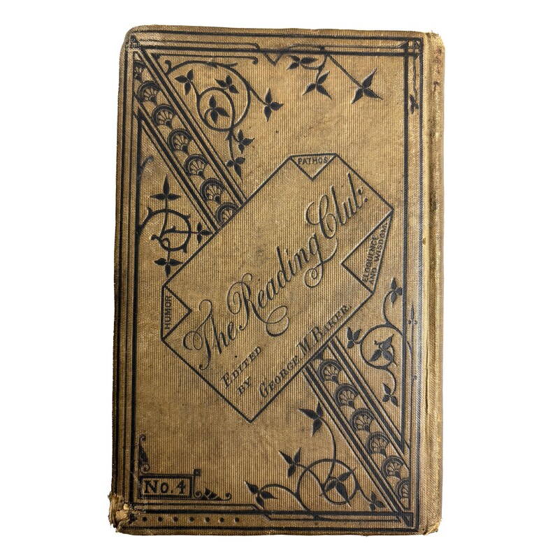 May include: Antique book titled "The Reading Club" with a tan cover and black decorative elements. The cover features the title in an angled diamond shape, the editor's name, and the number "No. 4" in the corner. The book has a vintage aesthetic.