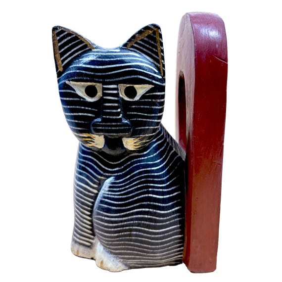 Folk Art Striped Cat Bookend, 7.5"