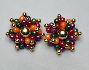1960s Briolette Bead Cluster Clip-On Earrings - 2&quot; Goldtone, Purple, Violet, Orange and Gray
