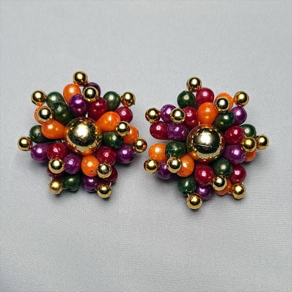 1960s Briolette Bead Cluster Clip-On Earrings - 2" Goldtone, Purple, Violet, Orange and Gray