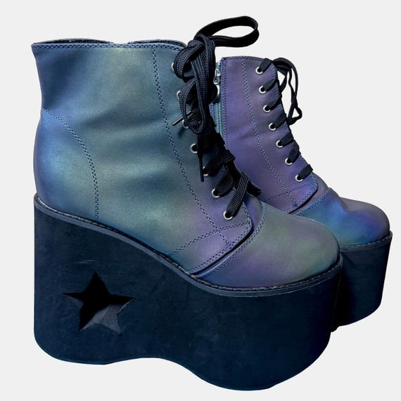 Vintage Hot Topic Iridescent Star & Moon Cut-Out Platform Boots, Women's Size 9