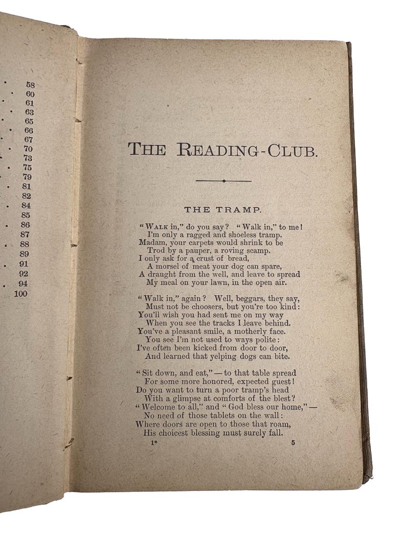 May include: Open book pages with text titled "THE READING-CLUB" and a poem called "THE TRAMP." The pages are aged with a sepia tone. The text is in black, with numbers on the left side of the page.