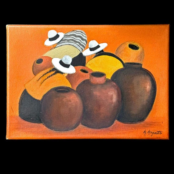 Vintage Original Peruvian Folk Art Painting by A. Angosto