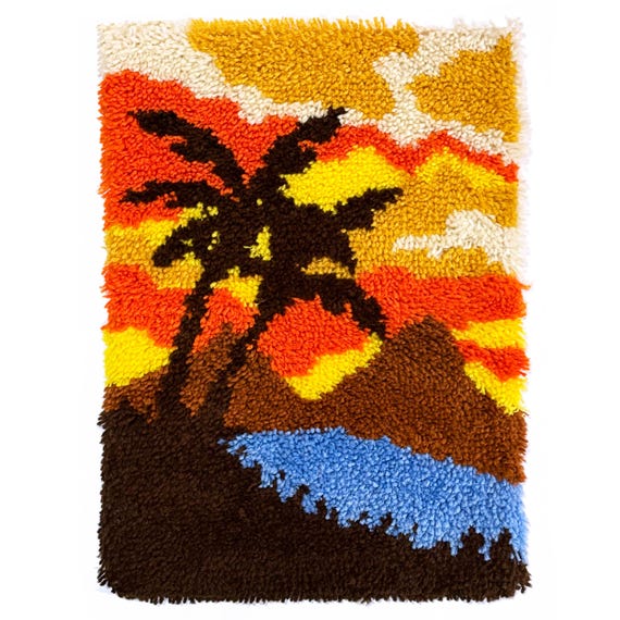 1970s Palm Tree At Sunset with Mountains Latch Hook Rug/Wall Hanging, 20x27"