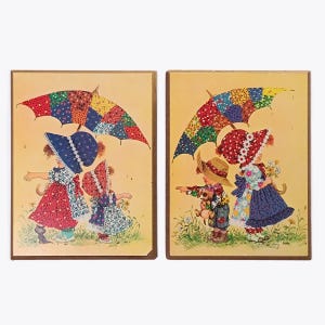 Matched Pair of Vintage Patchwork Kids Plaques, 1960s Holly Hobbie Style