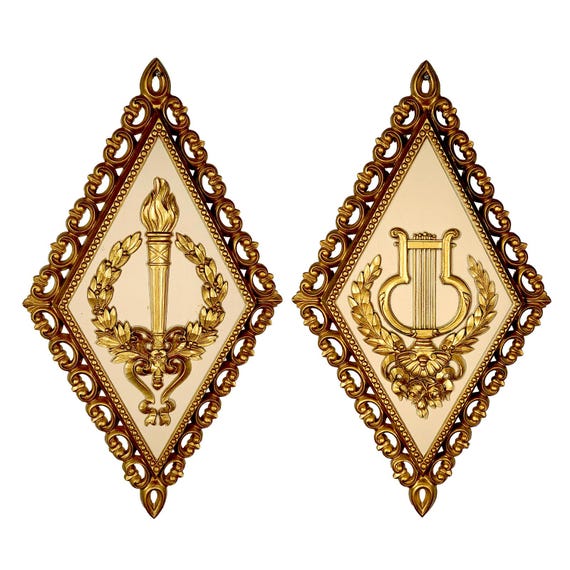 1971 Homco French Court Diamond Wall Plaques, Torch & Lyre