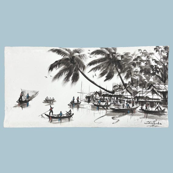 Cambodian Floating Village Original Signed Ink Wash Painting, 40x20cm