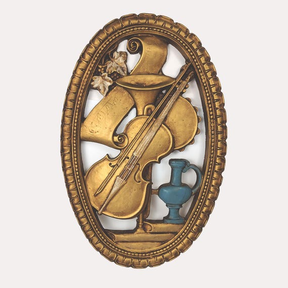 1950s Musical Instruments Oval Chalkware Wall Hanging - Violin, Horn, Tambourine, etc.