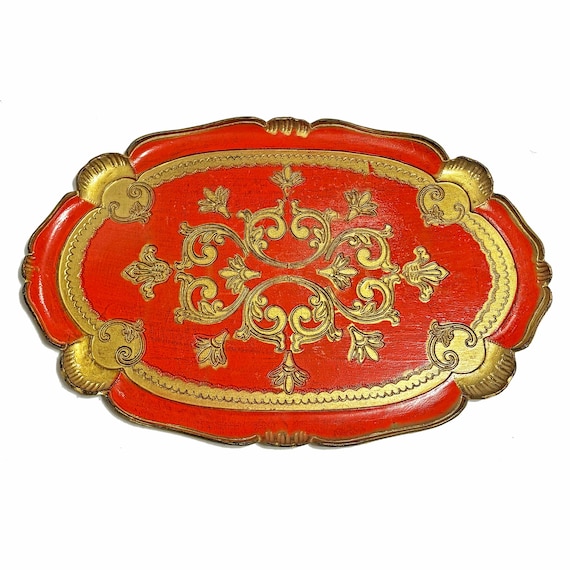 Mid-Century Red & Gold Florentine Serving Tray, Made in Italy
