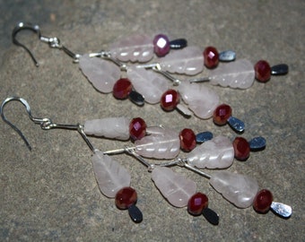 Fire Glass and Rose Quartz Pantail Zig Zag Earrings