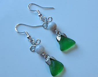 Lake Superior Beach Glass & Botswana Agate Earrings