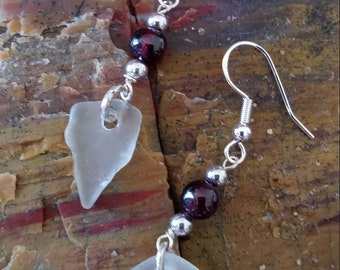 Lake Superior Beach Glass & Garnett Earrings