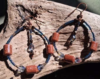 Hand Beaded Fire Glass, Gold Stone, and Copper Danglers