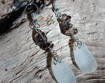 Lake Superior Beach Glass Earrings with Smokey Quartz