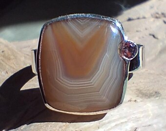 Lake Superior Agate and Tanzanite Ring in Sterling Silcer size 7