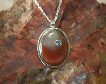Lake Superior Agate and Aquamarine Sterling Silver Pendant Necklace