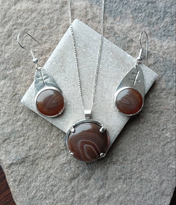 Sterling Silver Lake Superior Agate Pendant Necklace and Earring set