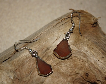Brown Lake Superior Beach Glass Sterling Silver Bezel Earrings